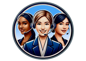 Three female call center agents wearing headsets